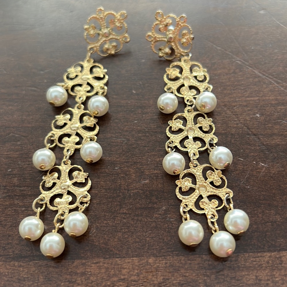 Vintage Gold And Pearl Chandelier Drop Earrings